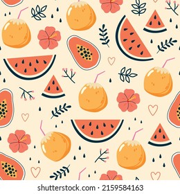 Tropical seamless pattern with watermelon,coconut,papaya and flowers.Summer vector background with fruits.Wrapping paper with watermelon,coconut,papaya and flowers.Tropical textile texture and fabric