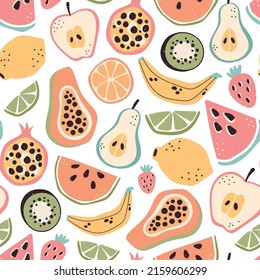 Tropical seamless pattern with watermelon,orange,lemon,pear,papaya,apple,kiwi and bananas.Vector summer background with fruits.Wrapping paper with tropical fruits.Fruit textile texture