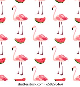 Tropical seamless pattern with watermelons and flamingos