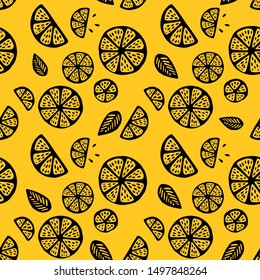 Tropical seamless pattern with white citrus fruits and leaves. Fruit repeated background. Vector bright print for fabric or wallpaper. Yellow background