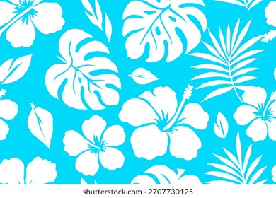 Tropisches, nahtloses Muster mit weißen Hibiskusblumen und Monstera-Blättern auf hellblauem Hintergrund, mutiges hawaiianisches, florales, nahtloses Muster-Design, perfekt für Stoff, Sommerdekor und Drucke.