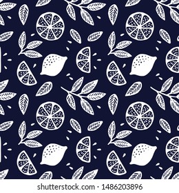 Tropical seamless pattern with white lemons. Fruit repeated background. Vector bright print for fabric or wallpaper. Blue background