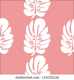 Tropical seamless pattern with white monstera leaves on a pink background.
