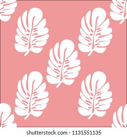 Tropical seamless pattern with white monstera leaves on a pink background.