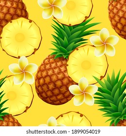 Tropical seamless pattern with whole pineapple, slices and plumeria (frangipani) flowers. Realistic vector illustration.