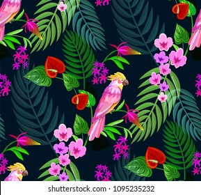 Tropical seamless pattern witch parrots.
Exotic animal and flowers print.