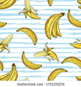 Patrón tropical sin soldadura con plátanos amarillos sobre fondo de franjas de color azul blanco. Ilustración de esbozo dibujada a mano por vectores. Diseño de verano para impresiones textiles de moda, tejidos o papel de envoltura
