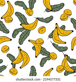 Patrón tropical sin soldadura con plátanos amarillos y hojas sobre fondo blanco. Ideal para tejidos, textiles, papel pintado, impresiones, rayado, papel de embalaje, invitación y decoración de fiestas