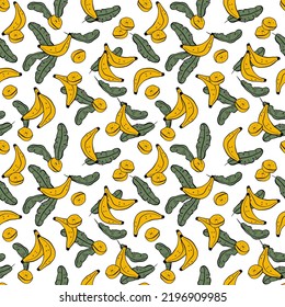 Tropical seamless pattern with yellow bananas and leaves on a white background. Ideal for fabric, textile, wallpaper, prints, scrapbooking, wrapping paper, invitation and party decoration