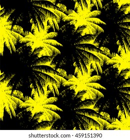 tropical seamless pattern - yellow and black palms on a black background