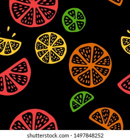 Tropical seamless pattern with yellow citrus fruits. Fruit repeated background. Vector bright print for fabric or wallpaper. Black background