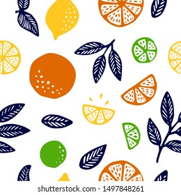 Tropical seamless pattern with yellow citrus fruits and leaves. Fruit repeated background. Vector bright print for fabric or wallpaper. White background