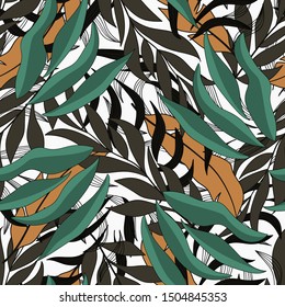 Tropical seamless pattern with yellow and green plants. Jungle leaf vector floral pattern background. Beautiful print with hand drawn exotic plants. Tropical botanical, exotic plants. 