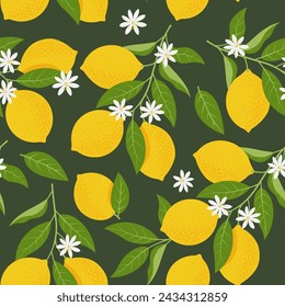 Tropical seamless pattern with yellow lemon branches. Citrus Fruit background. Vector Illustration in flat style