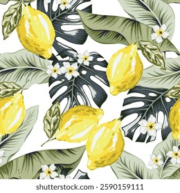 Tropical seamless pattern. Yellow lemon fruits, green palm leaves, flowers, white background. Vector floral illustration. Exotic plants. Summer beach design. Paradise nature