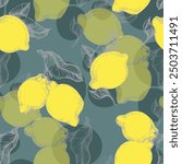 Tropical seamless pattern with yellow lemons. Hand-painted fruit lemon seamless pattern with colorful blooms, bright floral background. Botanical wallpaper. Fruit repeated background. 