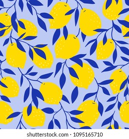 Tropical seamless pattern with yellow lemons on the blue background. Fruit repeated background. Vector bright print for fabric or wallpaper.