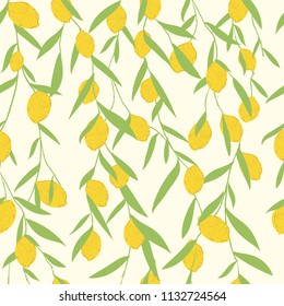 Tropical seamless pattern with yellow lemons on the pastel background. Fruit repeated background. Vector bright print for fabric or wallpaper.