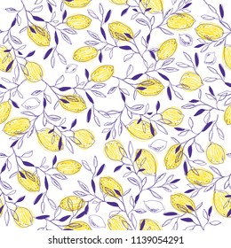 Tropical seamless pattern with yellow lemons. Fruit repeated background. Vector bright print for fabric or wallpaper.