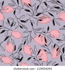 Tropical seamless pattern with yellow lemons. Fruit repeated background. Vector bright print for fabric or wallpaper.