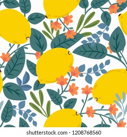 Tropical seamless pattern with yellow lemons, leaves and flowers on white. Fruit repeated background. Vector bright print for fabric or wallpaper. 