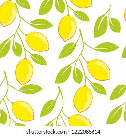 Tropical seamless pattern with yellow lemons and green leaves