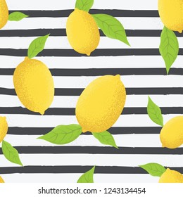 Tropical seamless pattern with yellow lemons. Fruit repeated background. Lemons with leaves seamless pattern vector illustration