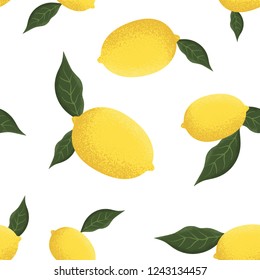 Tropical seamless pattern with yellow lemons. Lemons with leaves seamless pattern vector illustration. Fruit repeated background