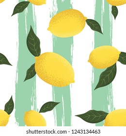 Tropical seamless pattern with yellow lemons. Fruit repeated background. Lemons with leaves seamless pattern vector illustration