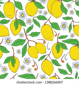 Tropical seamless pattern with yellow lemons. Fruit seamless pattern, tile design, vector illustration ?an be used for desktop wallpaper for a wall hanging or poster, pattern fills, surface textures