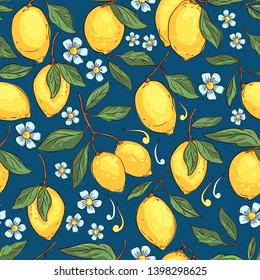 Tropical seamless pattern with yellow lemons. Fruit seamless pattern, tile design, vector illustration ?an be used for desktop wallpaper for a wall hanging or poster, pattern fills, surface textures