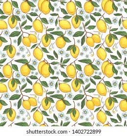 Tropical seamless pattern with yellow lemons. Fruit seamless pattern, tile design, vector illustration ?an be used for desktop wallpaper for a wall hanging or poster, pattern fills, surface textures