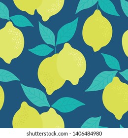 Tropical seamless pattern with yellow lemons. Fruit repeated background. Vector bright print for fabric or wallpaper.