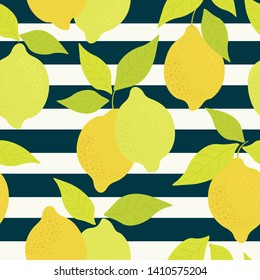 Tropical seamless pattern with yellow lemons. Fruit repeated background. Vector bright print for fabric or wallpaper.