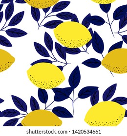 Tropical seamless pattern with yellow lemons.  Vector bright print for fabric or wallpaper.