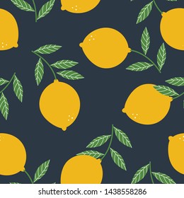 Tropical seamless pattern with yellow lemons. Fruit repeated background. Vector bright print for fabric or wallpaper