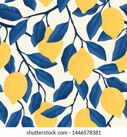 	
Tropical seamless pattern with yellow lemons. Fruit repeated background. Vector bright print for fabric or wallpaper.