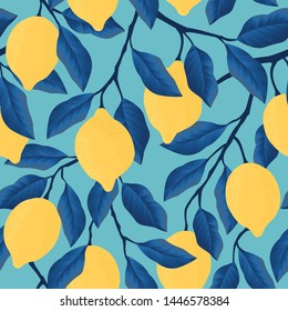 	
Tropical seamless pattern with yellow lemons. Fruit repeated background. Vector bright print for fabric or wallpaper.