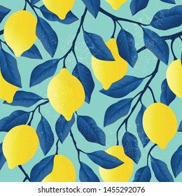 Tropical seamless pattern with yellow lemons. Fruit repeated background. Vector bright print for fabric or wallpaper.