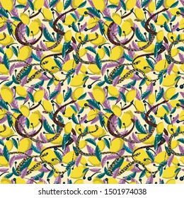 Tropical seamless pattern with yellow lemons and with snakes crawling in the branches of a tree.
Fruit repeat background. Bright fashionable print for fabric or wallpaper. Vector graphic. Isolated 
