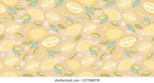 Tropical seamless pattern with yellow lemons. Fruit repeated background. Vector bright print for fabric or wallpaper