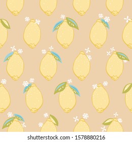 Tropical seamless pattern with yellow lemons. Fruit repeated background. Vector bright print for fabric or wallpaper