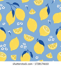 Tropical seamless pattern with yellow lemons. Summer print with citrus, lemons slices, fresh fruits and flowers in hand drawn style. Colorful vector background. 