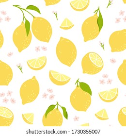 Tropical seamless pattern with yellow lemons. Summer print with citrus, lemons slices, fresh fruits and flowers in hand drawn style. Colorful vector background. 