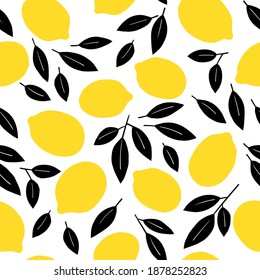 Tropical seamless pattern with yellow lemons and lemon slices. Hand drawn lemons pattern on white background. Fruit repeated background. Vector bright print for fabric, wallpaper, design, party paper.