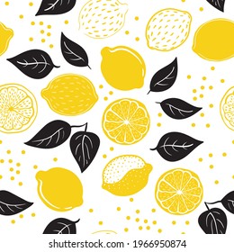 Tropical seamless pattern with yellow lemons and lemon slices. Hand drawn lemons pattern on white background. Fruit repeated background. Vector bright print for fabric, wallpaper, design, party paper.