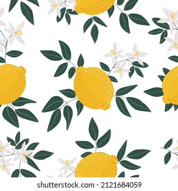 Tropical seamless pattern with yellow lemons. Fruit repeated background. Vector bright print for fabric or wallpaper.