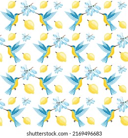 Patrón tropical sin costuras con limones amarillos y colibrí en el fondo rosado. Fondo de fruta repetido. Impresión vectorial brillante para marcas de tela empacando papel tapiz.