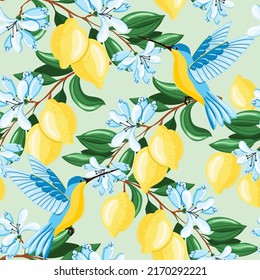 Tropical seamless pattern with yellow lemons on the blue background. Fruit repeated background. Vector bright print for fabric or wallpaper. Vector illustration