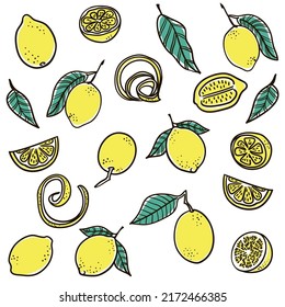 Tropical seamless pattern with yellow lemons and lemon slices. Hand drawn lemons pattern on white background. Fruit repeated background. Vector bright print for fabric, wallpaper, design, party paper.